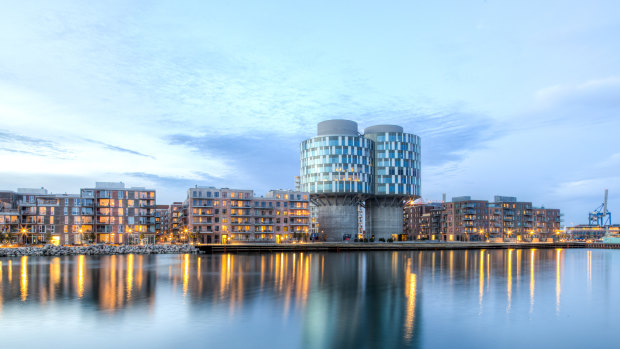 Portland Towers: two silos converted into office buildings in Copenhagen, Denmark. The country topped the Legatum Prosperity Index in 2021.
