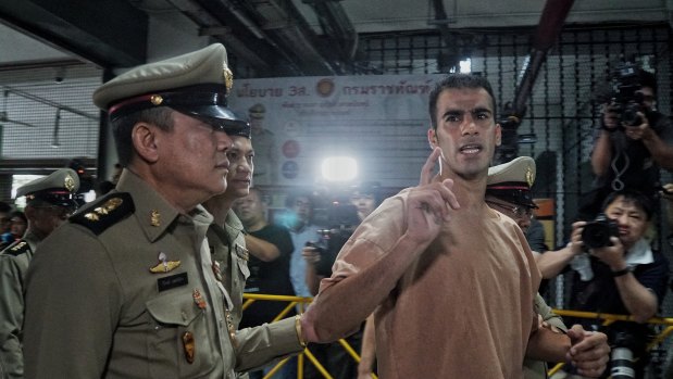 Hakeem al-Araibi arrives at a Thai court for his extradition hearing on Monday.