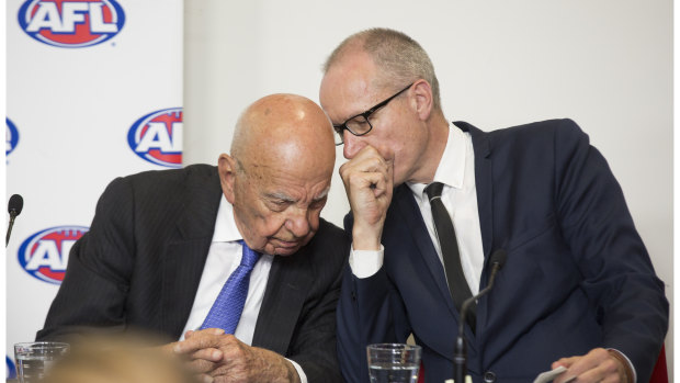 Rupert Murdoch (left) in 2015, after landing a new broadcast rights deal with the AFL.