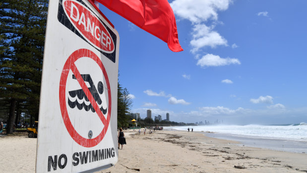 Burleigh Heads beach was among 34 closed on the Gold Coast at the weekend due to ex-Tropical Cyclone Oma.