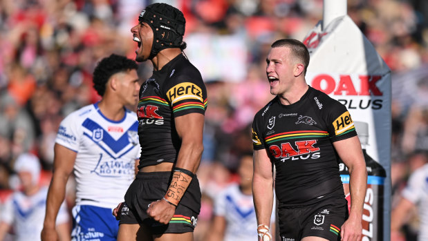 Stephen Crichton celebrates a try against the Bulldogs.