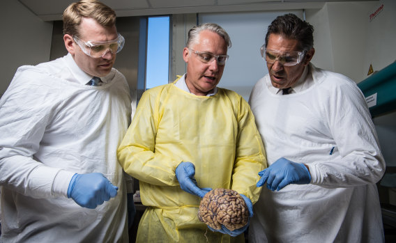 Chris Nowinski from Concussion Legacy Foundation, Michael Buckland of RPA and former NFL player Colin Scotts examine a brain.