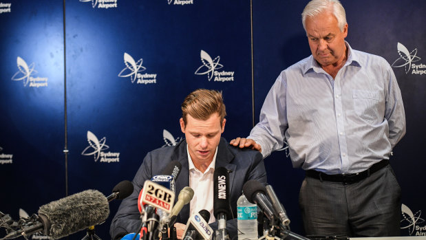 Flashback: Steve Smith's father Peter supports him during the ball-tampering scandal.