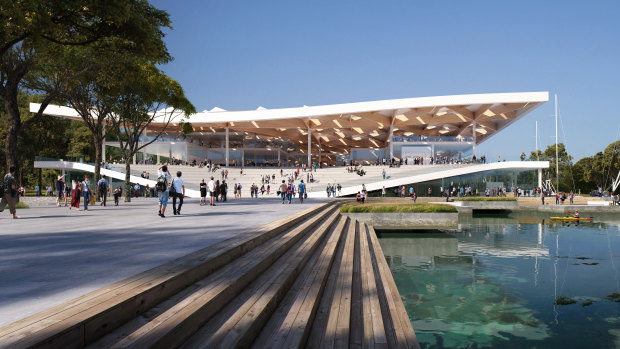 An artist's impression of the eastern entrance of the new Sydney Fish Market to be built on Bridge Road, Blackwattle Bay.