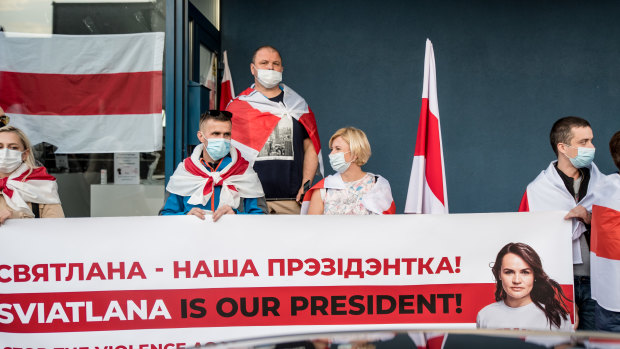 Svetlana Tikhanovskaya, the exiled opposition leader of Belarus, attends a protest against political repression in Belarus in Vilnius, Lithuania.