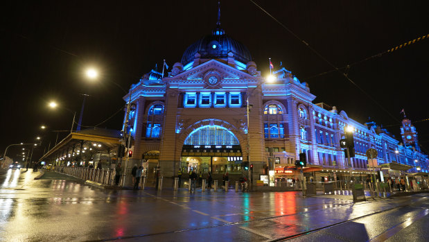 Flinders Street Station is turned blue.