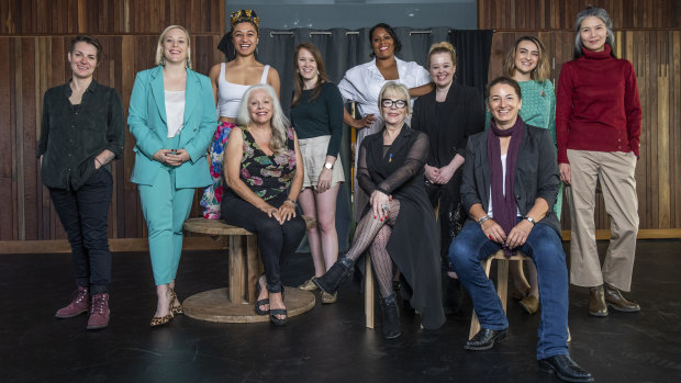 The cast, crew and inspiration for I'm With Her: (from left, back row) Tegan Nicholls,  Amy Harris, Emily Havea, Amy Morcom, Shakira Clanton, Sophie Blacklaw, Sheridan Harbridge (due to personal circumstances, Sheridan is no longer involved in the production), Gabrielle Chan; and (front row from left) 
Lynette Curran, Julie Bates AO and  Victoria Midwinter Pitt.