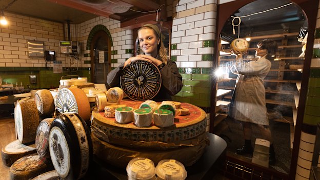 Liv Stagg (left) and Georgia Harding in Spring Street Grocer’s cheese cellar. 
