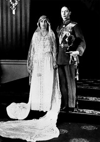 Britain’s Queen Elizabeth II, previously Lady Elizabeth Bowes-Lyon,  poses for her wedding portrait with Britain’s Duke of York, in this April 26, 1923.