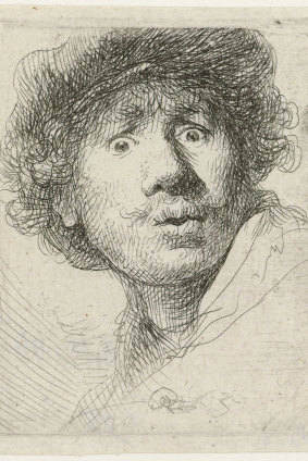 Self-portrait in a Cap, Wide-eyed and Open-mouthed, etching, 1630.