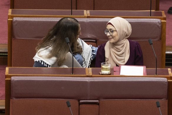 Greens senator Mehreen Faruqi speaks with Payman during question time on May 16.