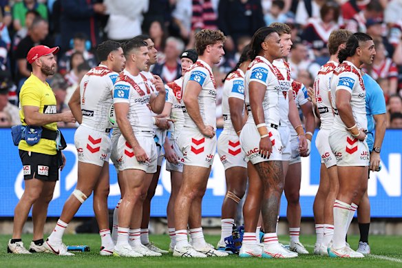 The Dragons look on after conceding yet another try on Saturday.