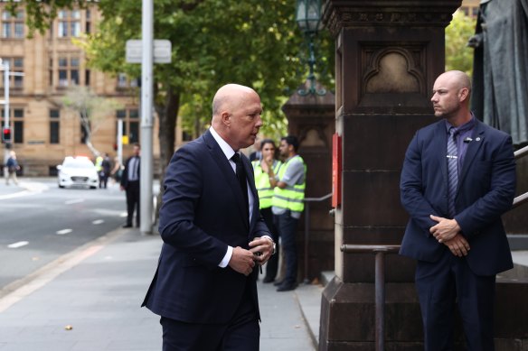 Opposition Leader Peter Dutton arriving for George Pell’s funeral earlier today. 