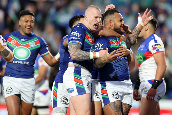 Addin Fonua-Blake  celebrates after scoring an early try.