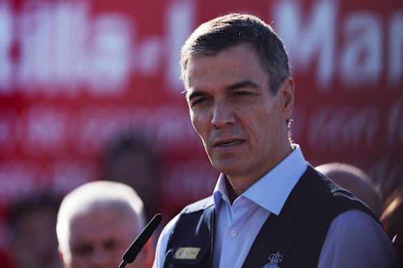 Pedro Sanchez, the prime minister of Spain, speaks to the media, near the scene of the crash.