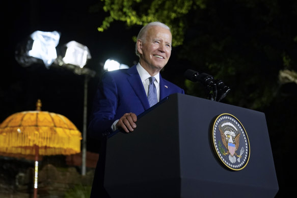 US President Joe Biden speaks during a news conference on the sidelines of the G20 summit meeting in Bali.