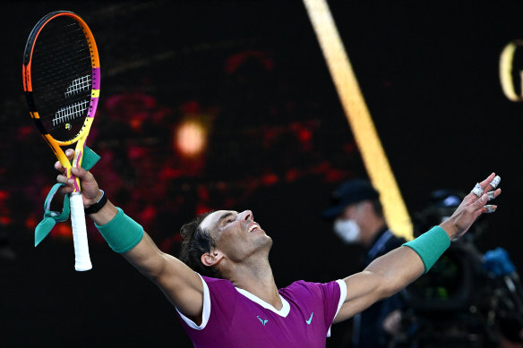 An exhausted Rafael Nadal takes in the moment after downing Denis Shapovalov.