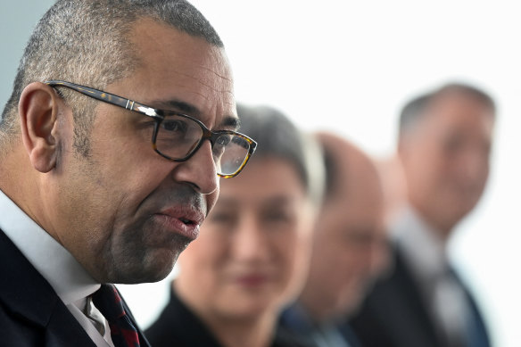 Britain’s Foreign Secretary James Cleverly holds a press conference with Foreign Minister Penny Wong.