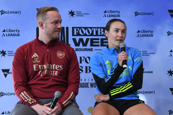 Caitlin Foord and Arsenal coach Jonas Eidevall in Melbourne.