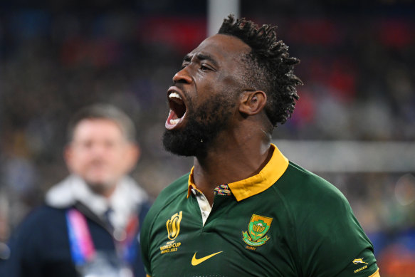 Siya Kolisi celebrates after the Rugby World Cup final