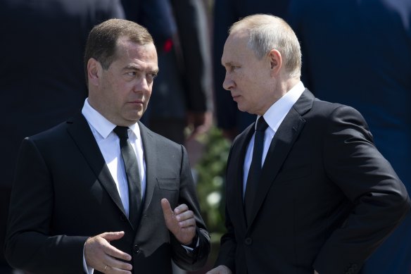 Russia’s former president Dimitry Medvedev, left, tweeted his congratulations to Musk.