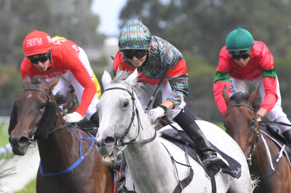 Kathy O'Hara swings from White Moss as she wins  the Millie Fox Stakes last year.