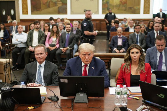 Former President Donald Trump, centre, sits in the courtroom with his legal team in the New York Supreme Court.