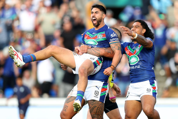 Evergreen Warriors playmaker Shaun Johnson celebrates his decisive try.