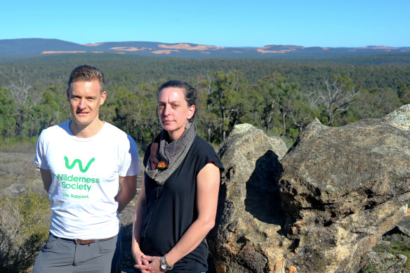 Wilderness Society WA campaigns manager Patrick Gardner and WA Forest Alliance convener Jess Beckerling on Mount Vincent