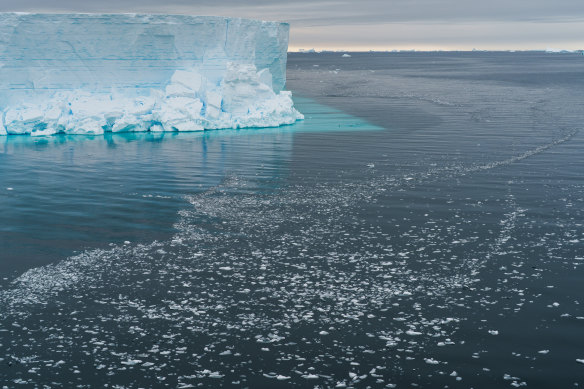 The remnants of a massive iceberg calving event are seen from Research Vessel Falkor (too).