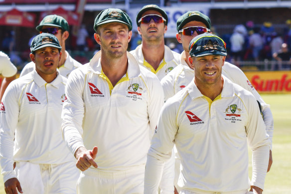 David Warner and the Australians during the 2018 South Africa tour.