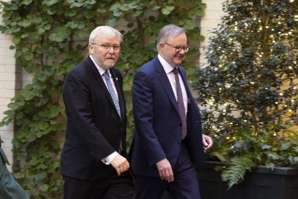 Australian ambassador to the US Dr Kevin Rudd and Prime Minister Anthony Albanese in Washington DC last month.