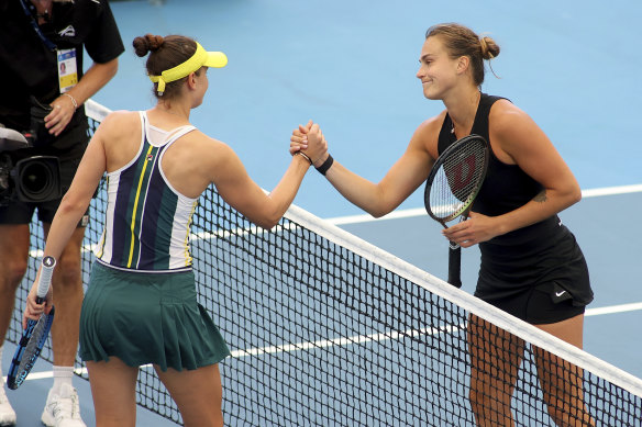 Aryna Sabalenka (right) is through to tomorrow’s final at the Adelaide International after defeating Irina-Camelia Begu.