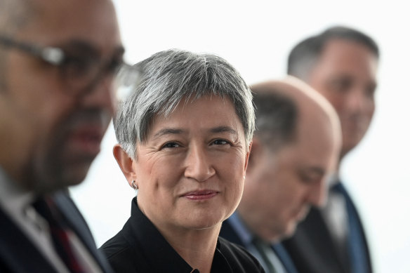 Foreign Minister Penny Wong at a press conference with Britain’s Foreign Secretary James Cleverly (left) and Britain’s Defence Secretary Ben Wallace (second from right).