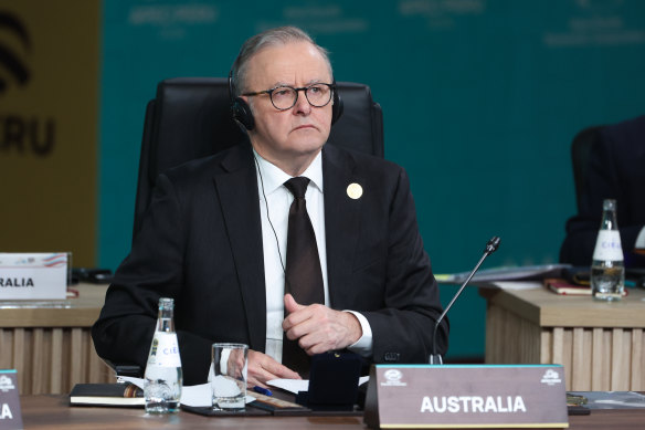 Prime Minister Anthony Albanese during the APEC Economic Leaders’ Retreat meeting, in Lima, Peru, on Saturday.