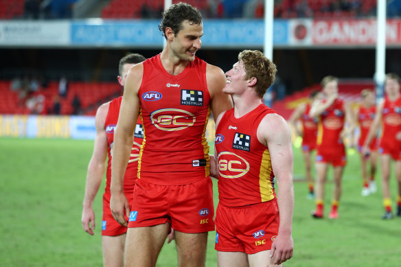 Jarrod Witts and Matt Rowell celebrate their win over the Dockers.