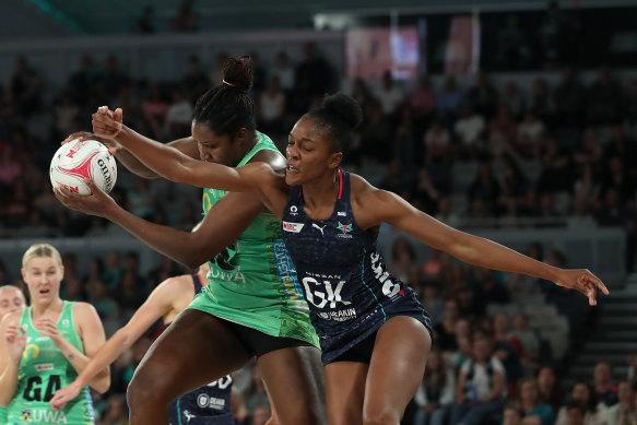 Fever’s Jhaniele Fowler clashes with the Vixens’ Kadie-Ann Dehaney.