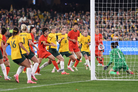 Australia’s Michelle Heyman scores a goal.