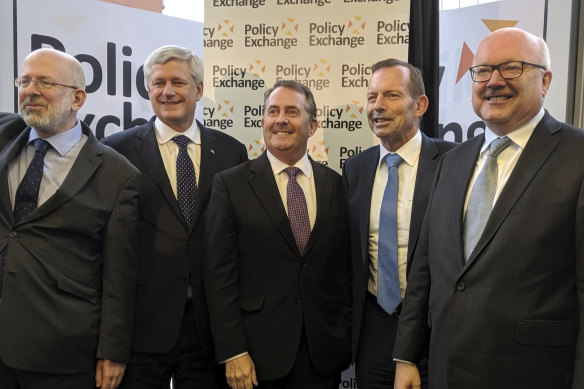 From left, Dean Hodson, former Canadian PM Stephen Harper, former British secretary of state for international trade Liam Fox, Tony Abbott and Australia's high commissioner to Britain George Brandis.