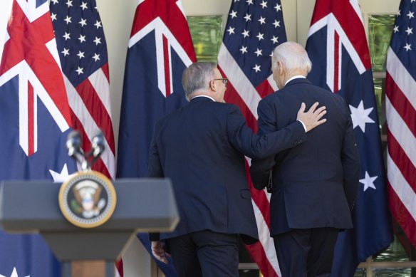 Prime Minister Anthony Albanese and President of the United States Joe Biden depart after addressing the media at a press conference on Wednesday.