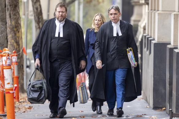 Defence barristers Michael McGrath (left) and Dermot Dann, KC, arrive at court.