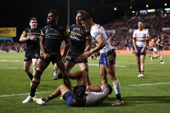 Sunia Turuva celebrates during a game against Parramatta back in round two.