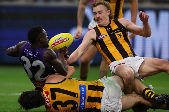Tom Barrass and the Hawks didn’t give the Dockers an inch of space all night.