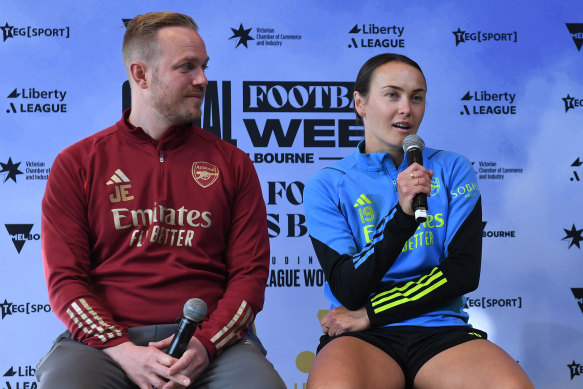 Caitlin Foord and then-Arsenal coach Jonas Eidevall in Melbourne earlier this year.