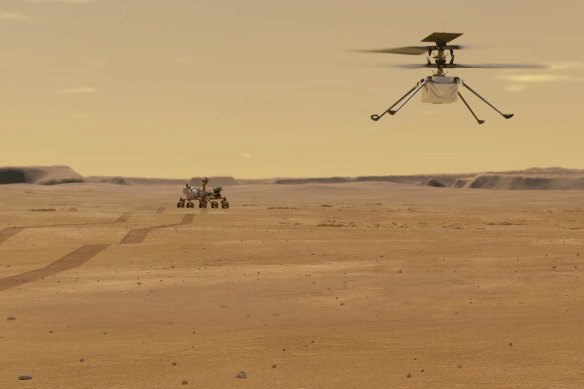 An illustration depicts Mars Helicopter Ingenuity during a test flight on Mars.