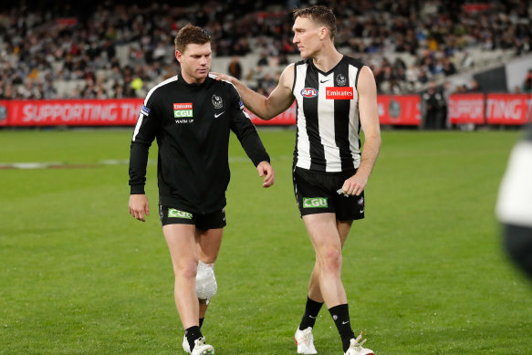 Star Collingwood midfielder Taylor Adams will be out for 10 weeks. 