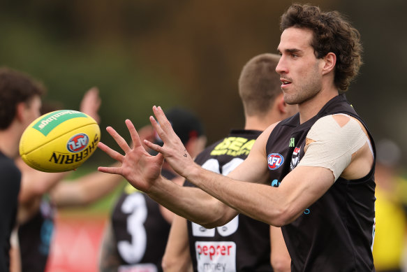 Max King takes the ball during a St Kilda training session last week.