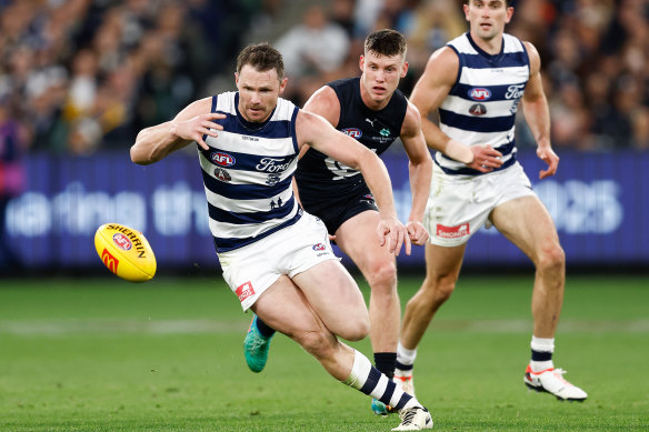 Patrick Dangerfield left the ground with a hamstring injury in the third quarter.