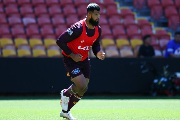 Payne Haas during the Broncos’ training session at Suncorp Stadium on Tuesday.