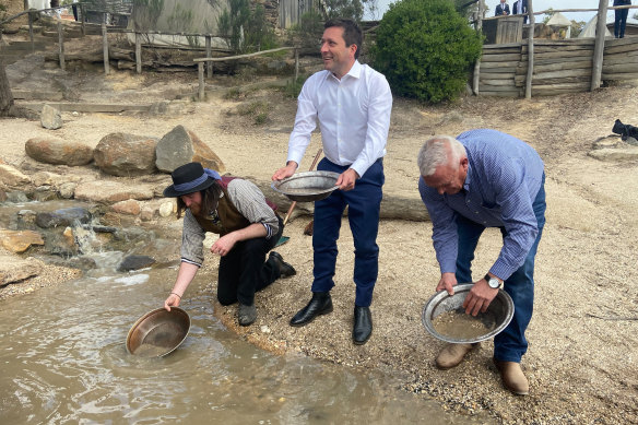 Flash in the pan? Opposition Leader Matthew Guy and Liberal candidate for Eureka Paul Tatchell pan for gold at Sovereign Hill.